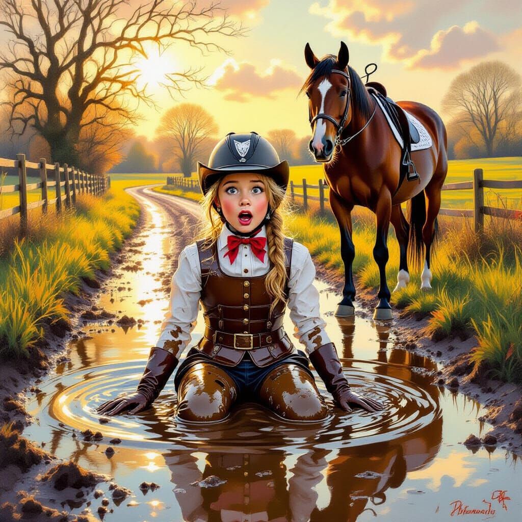 Girl Covered in Mud in Country Lane, Golden Hour