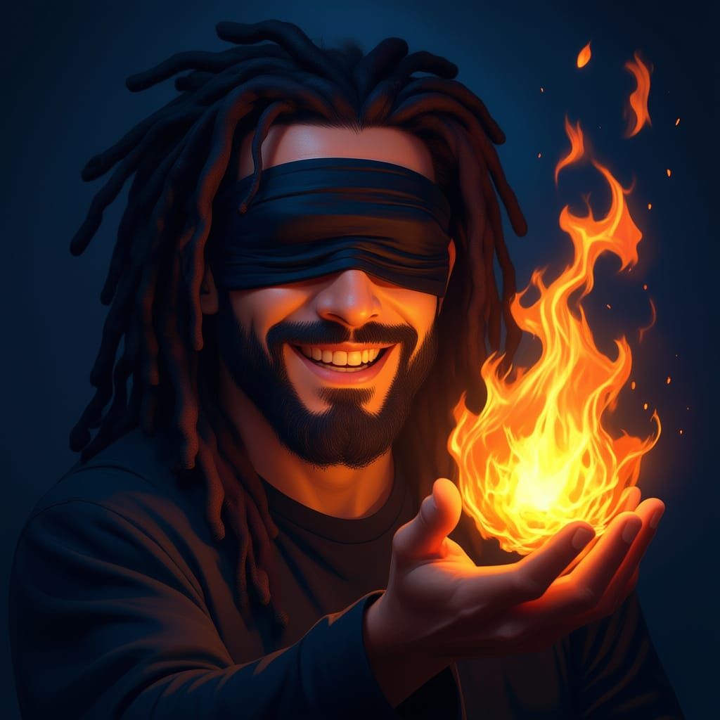Mysterious Man with Fiery Hand and Blindfold