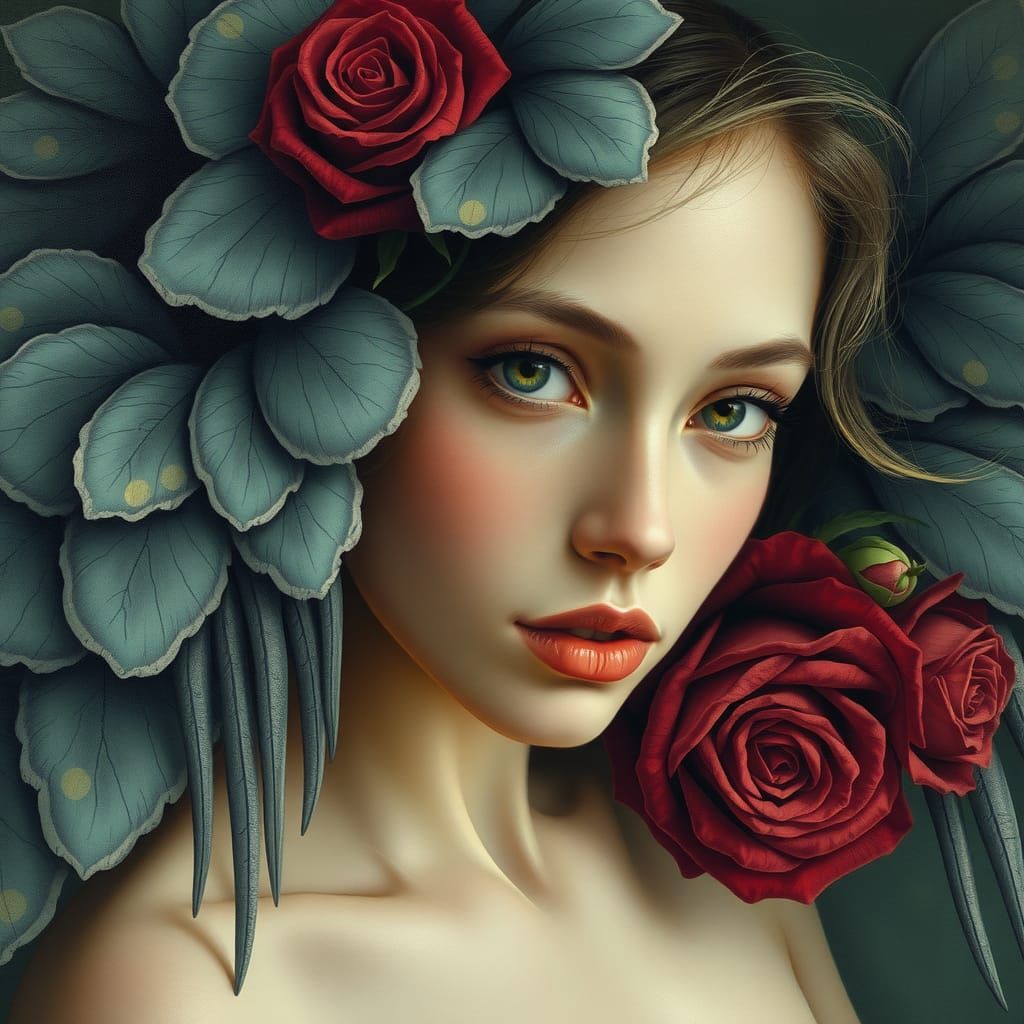 Woman with Entomological Wings in Verde Gris Tones