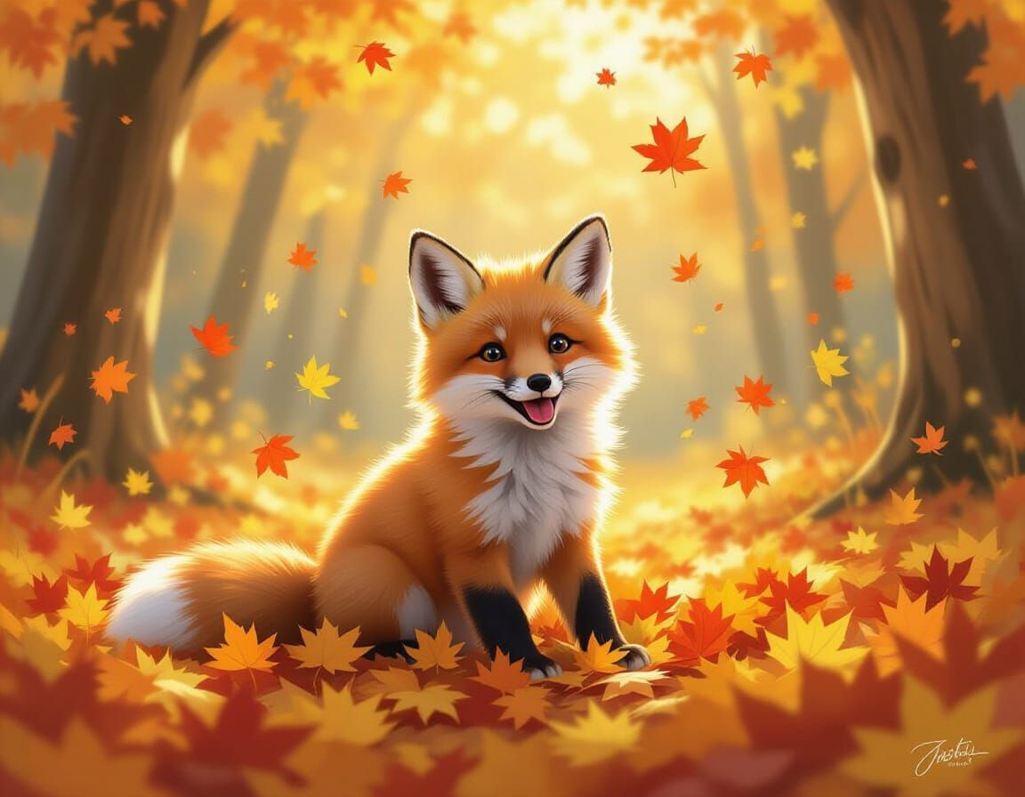 Fluffy Fox Puppy Playing in Golden Autumn Leaves