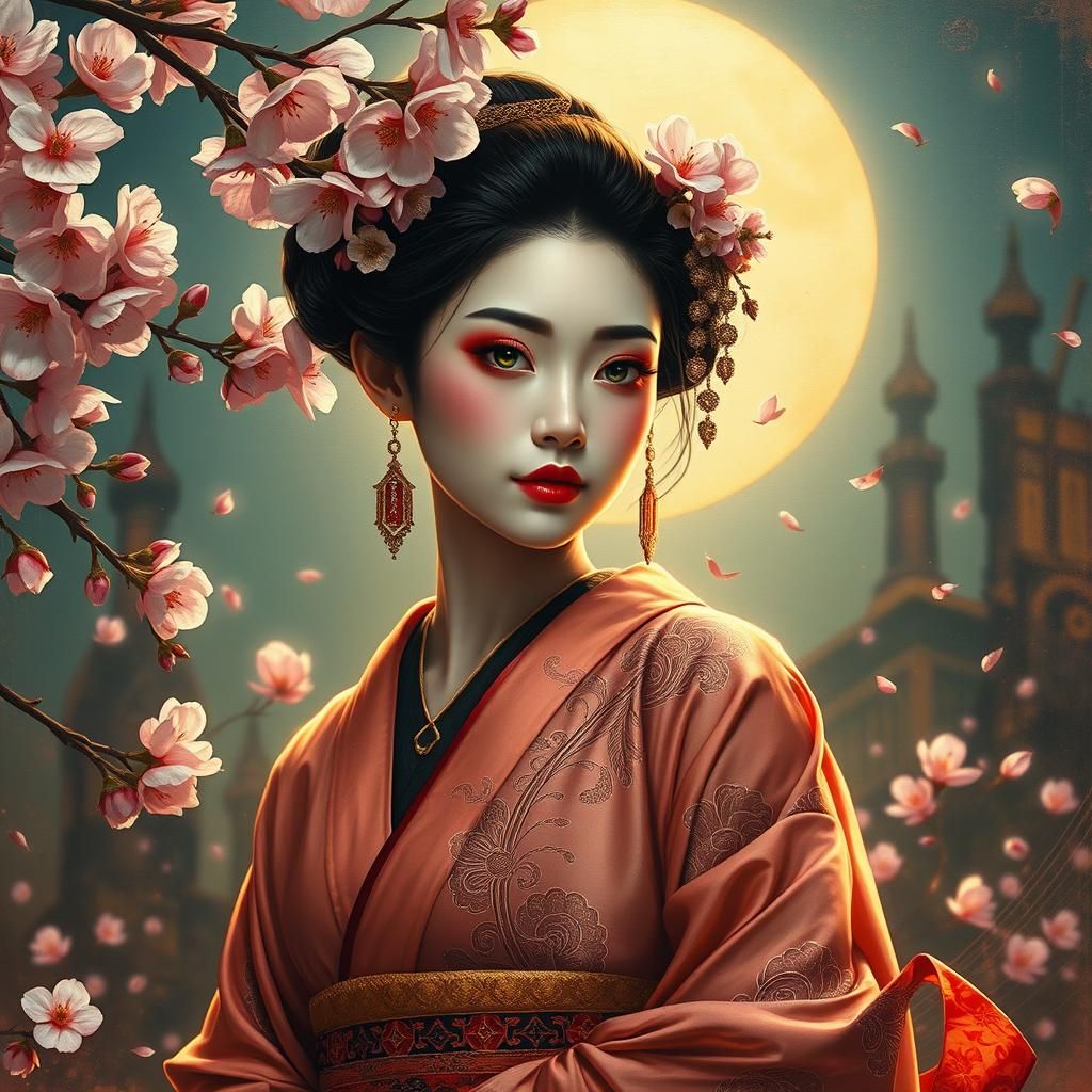 Geisha Fairy Elf with Cherry Blossoms in Surreal Art Deco