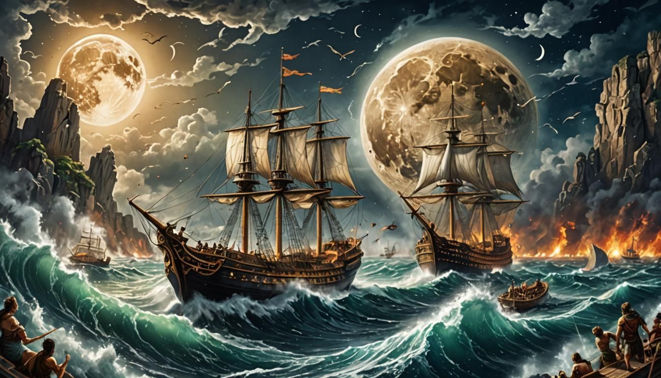 Epic Naval Battle Under Waning Moon