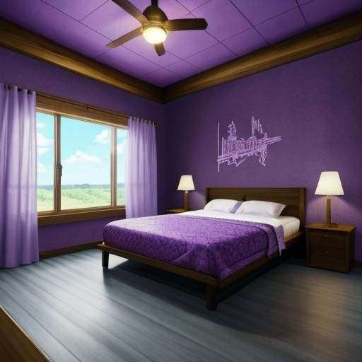 A cabin kids bedroom with basic purple wallpaper tile