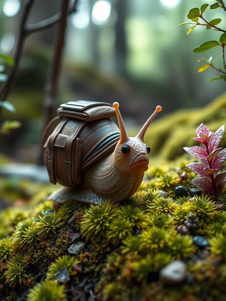 Snail Explorer in Mossy Forest, Digital Art