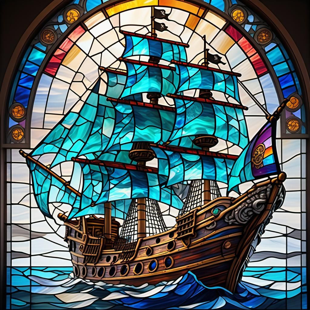 Stained Glass Pirate Ship: Hyperrealistic Splash Art