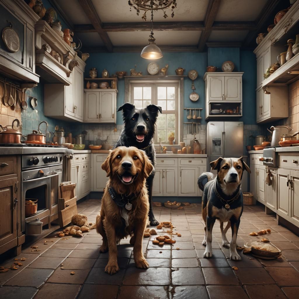 Dogs Follow Human to Kitchen: Fantasy Concept Art