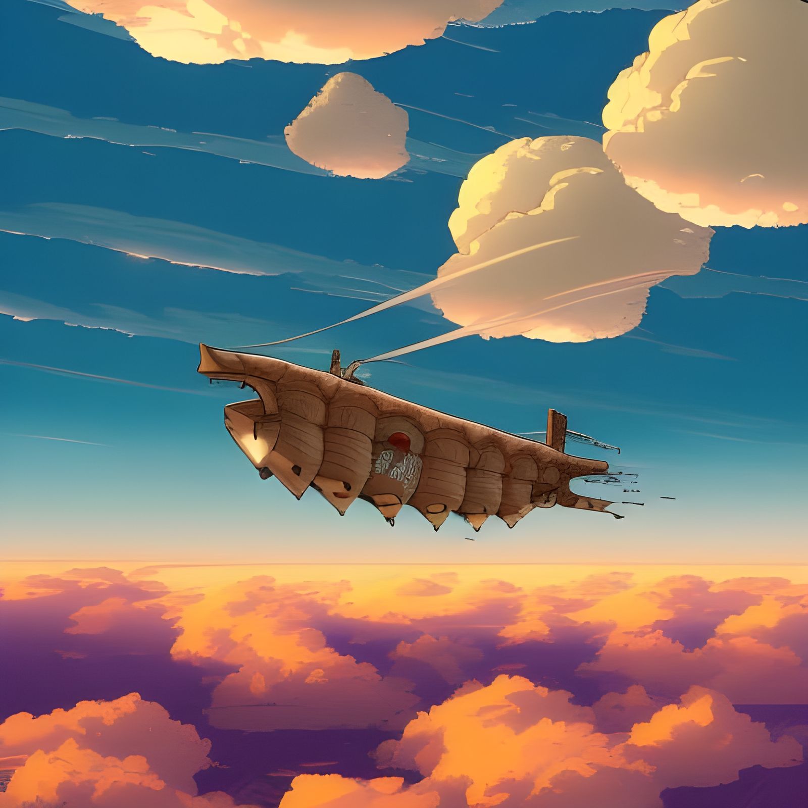 Draven Airship Soaring Above Clouds at Sunset