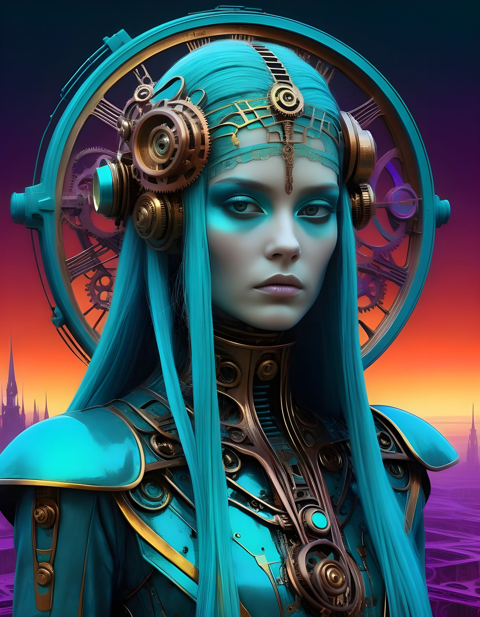 Cyberpunk Goddess of Hope in Shimmering Violet-haired Glory