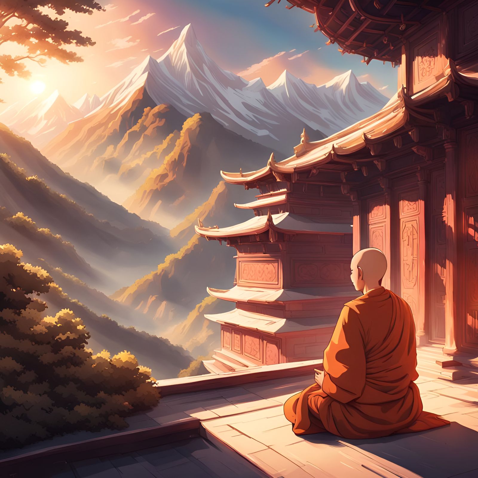 Anime Monk Meditating in Himalayan Temple at Sunset