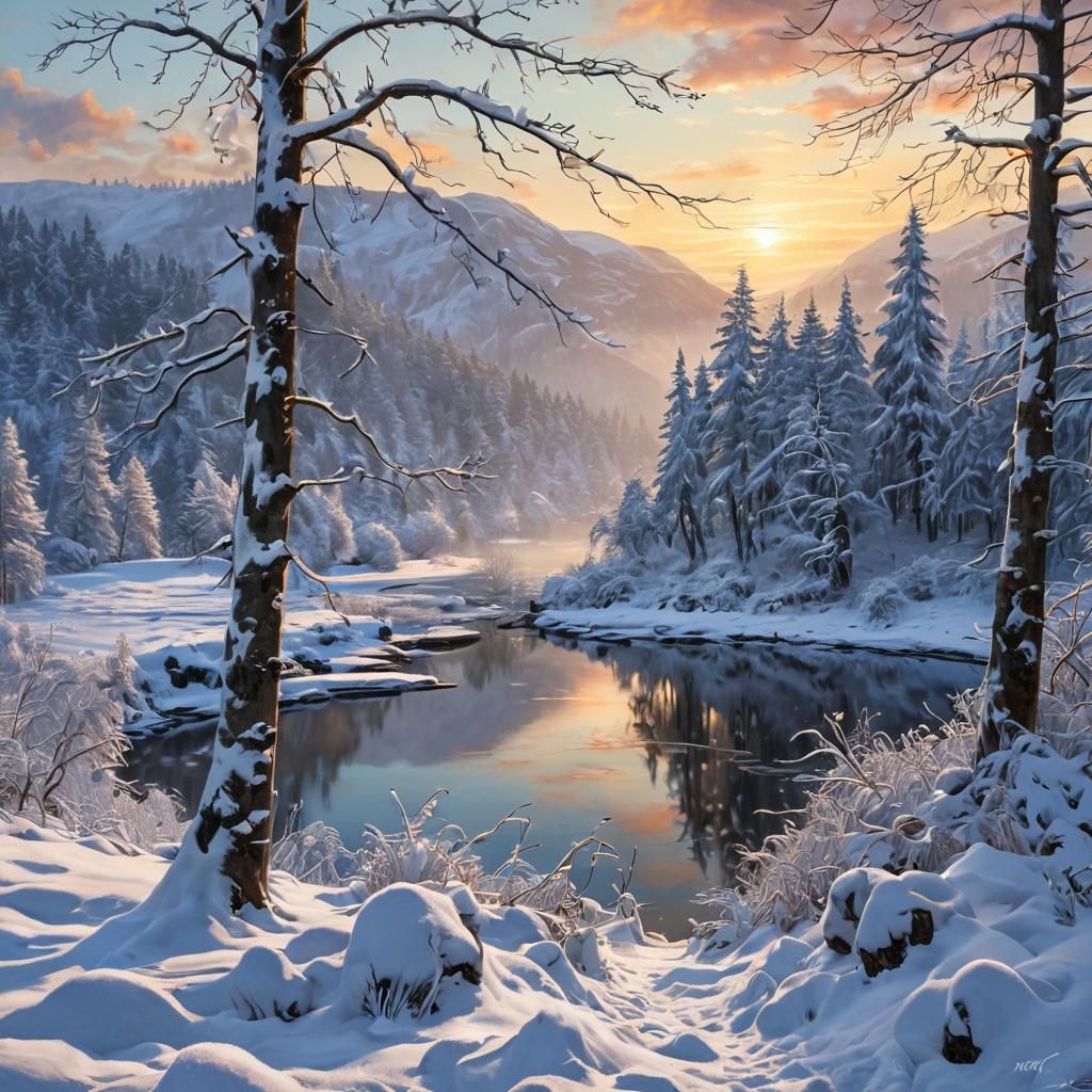 Winter Landscape Painting of Bodetal Area at Sunrise