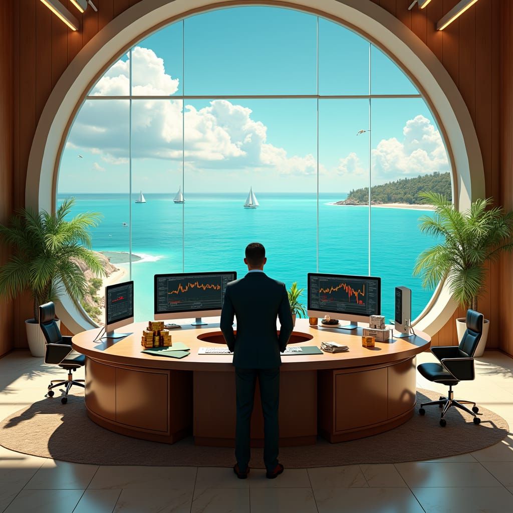 Modern Office: Businessman Surrounded by Wealth, Sea View