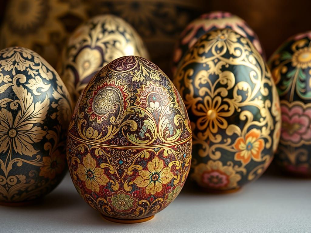 Elegant Easter Eggs with Intricate Florals and Metallic Acce...