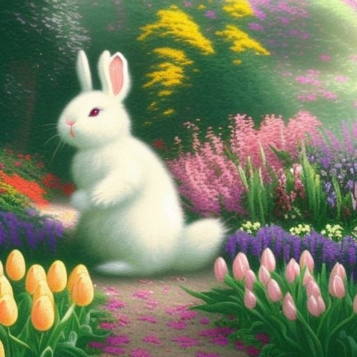 Fluffy White Easter Bunny Among Tulips
