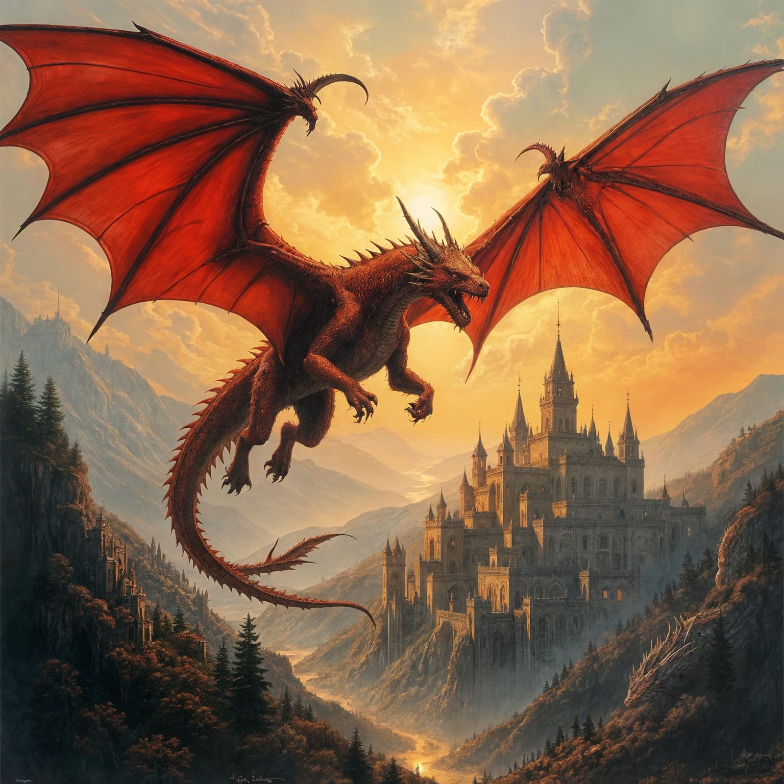 Red Dragon Over Medieval City: Pastel Illustration
