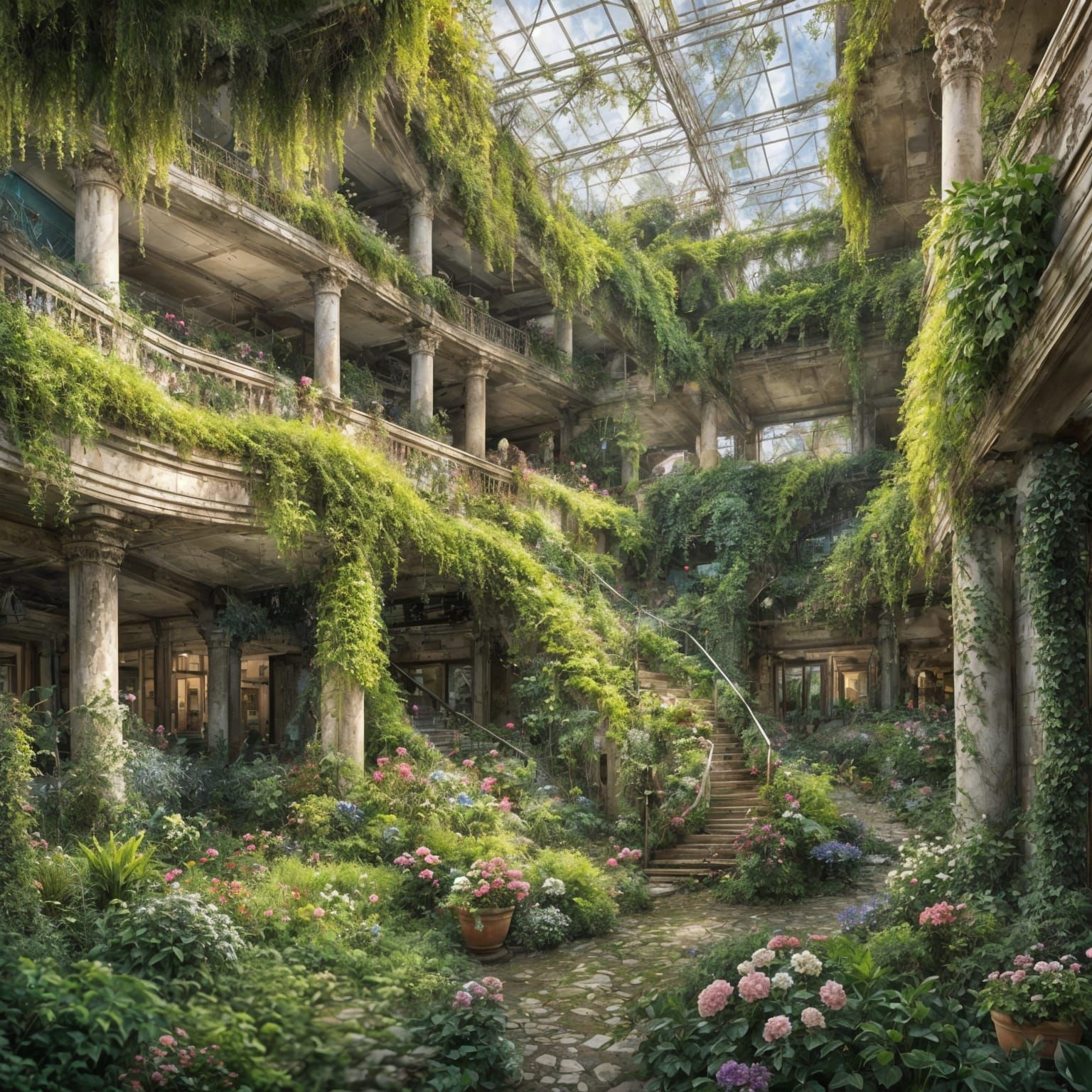 Abandoned Mall Reclaimed by Nature in Impressionist Style