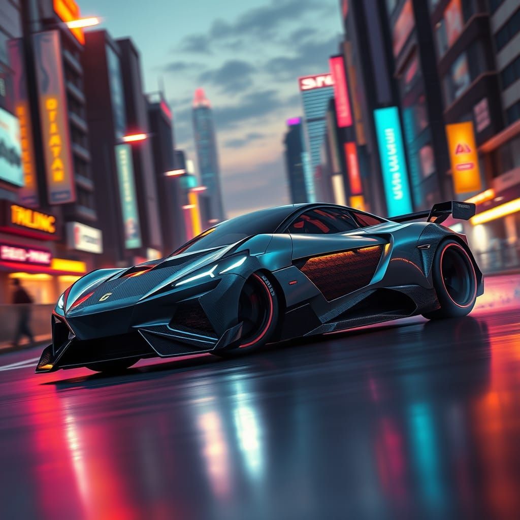 Cyberpunk Cityscape with Futuristic Hot Hatchback in Neon-Li...