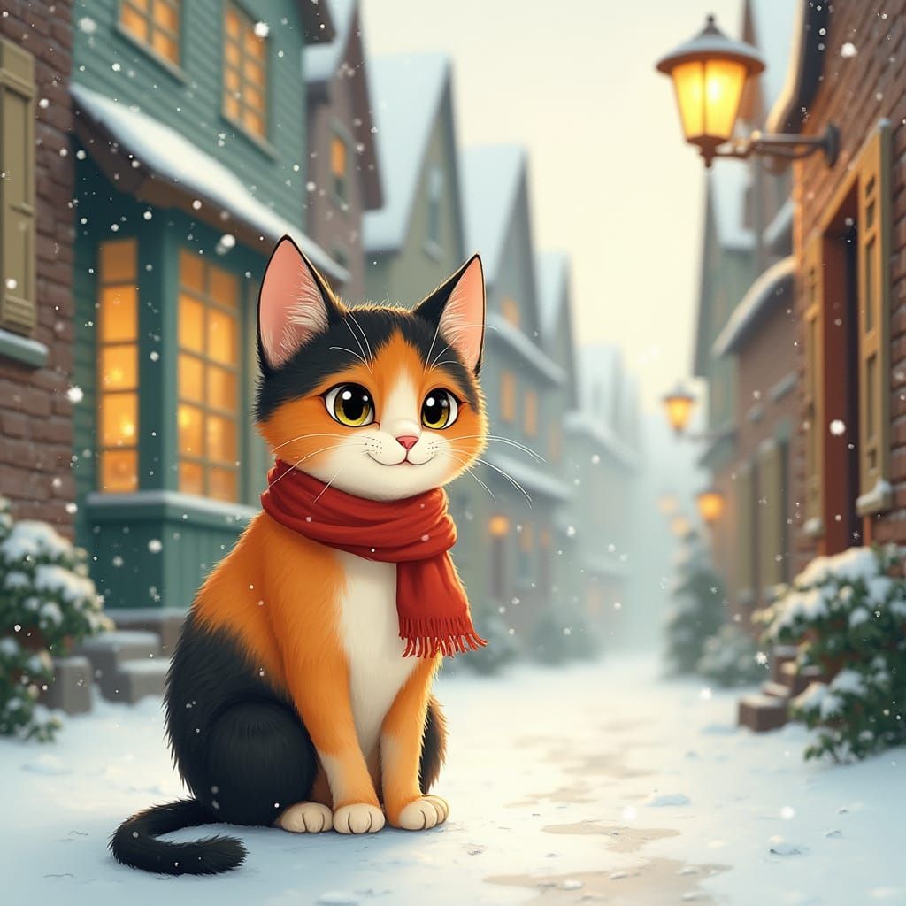 Calico Cat in Snowy Street: Whimsical Watercolor Scene