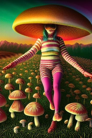 Surreal Mushroom Girl in Radiant Pastel Field