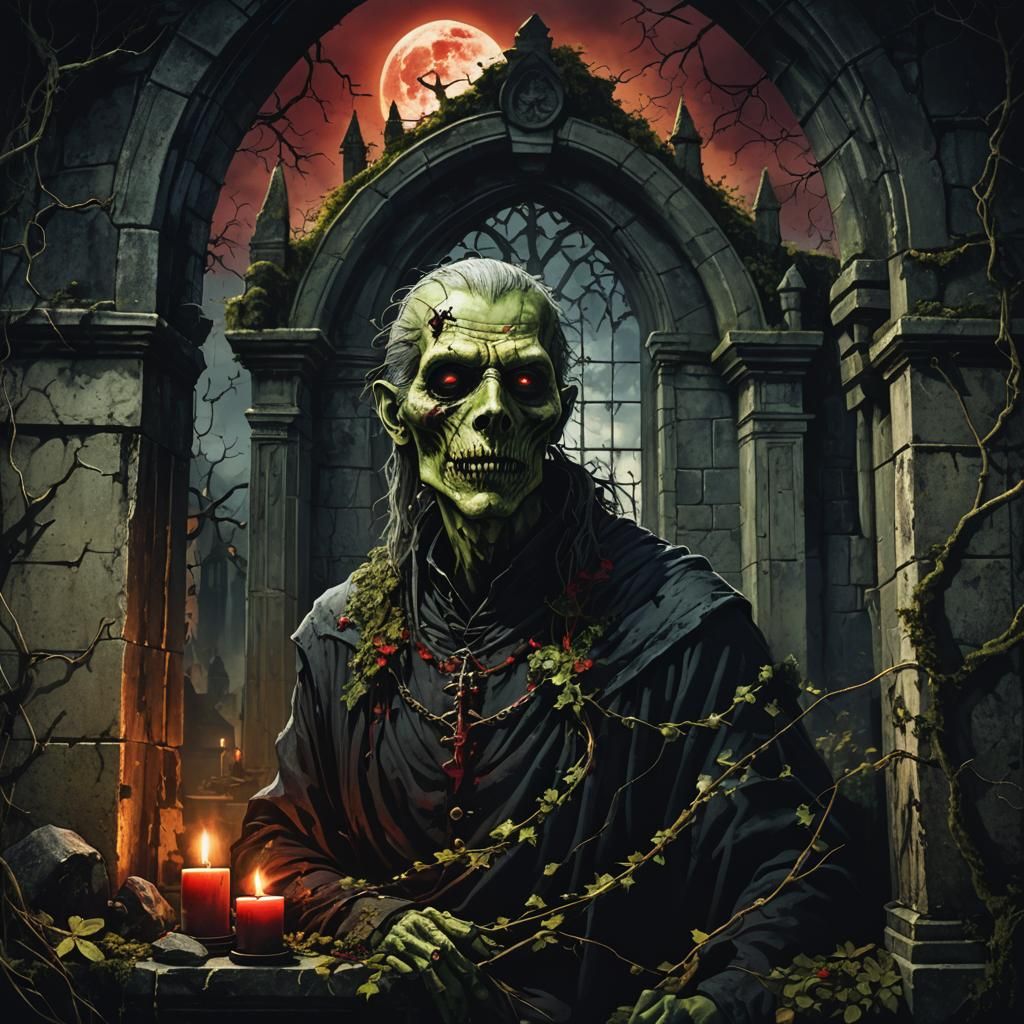 Undead Creature in Castle Window, Dark Fantasy Art