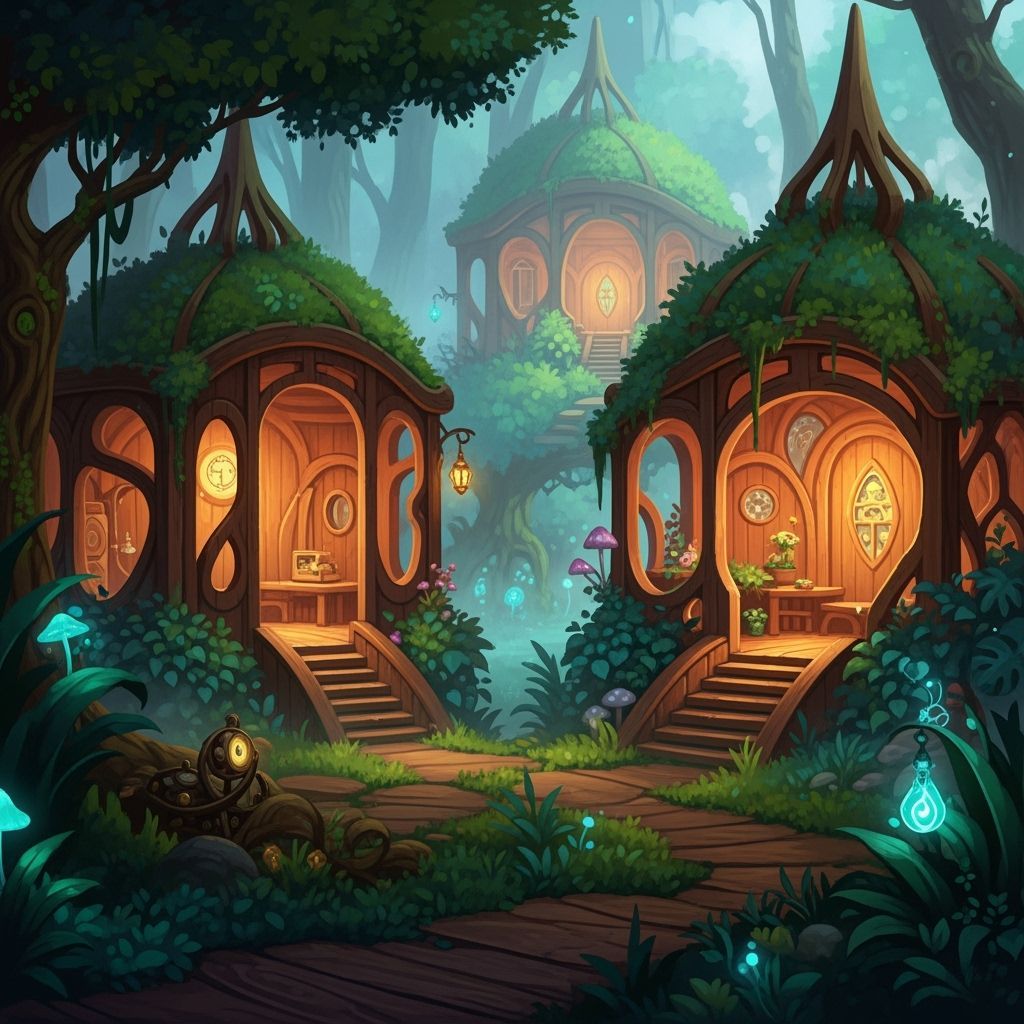 Whimsical Wooden Enclosures Surrounded by Lush Greenery