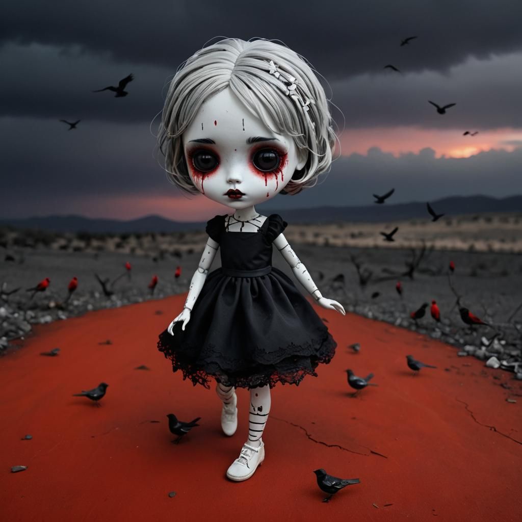 Gothic Doll with Dripping Eyes in Red Landscape