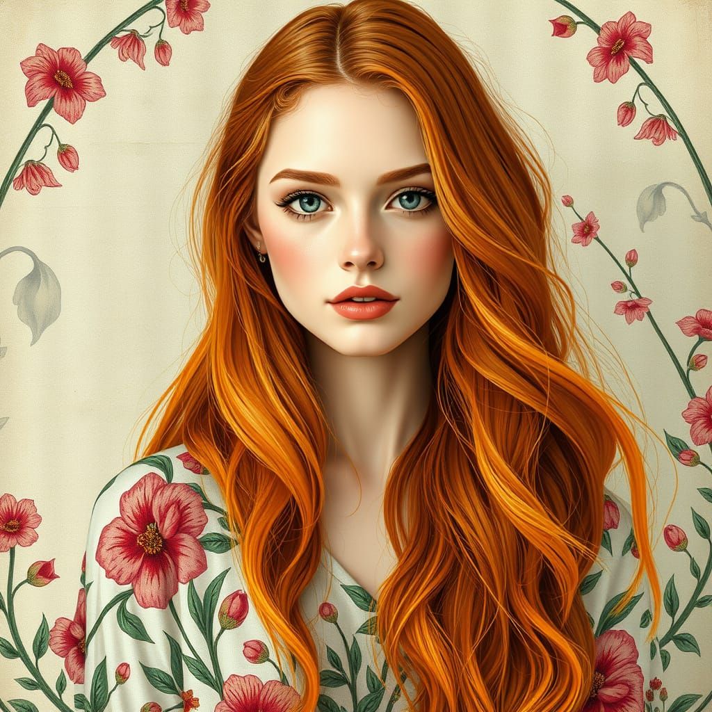 Ethereal Boho Chic Woman with Long Copper Hair and Green Eye...