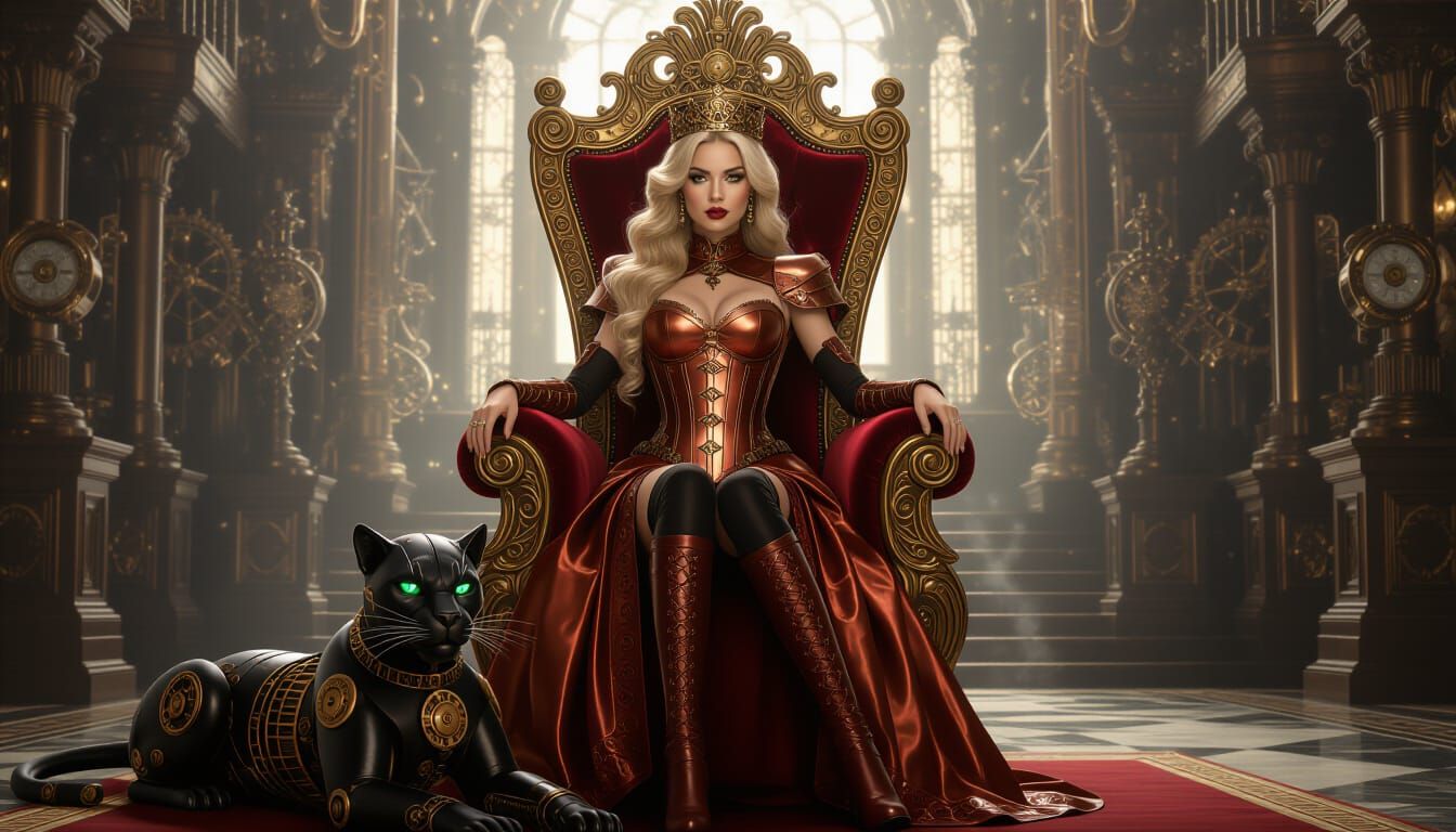 Steampunk Queen on Ornate Throne with Mechanical Panther
