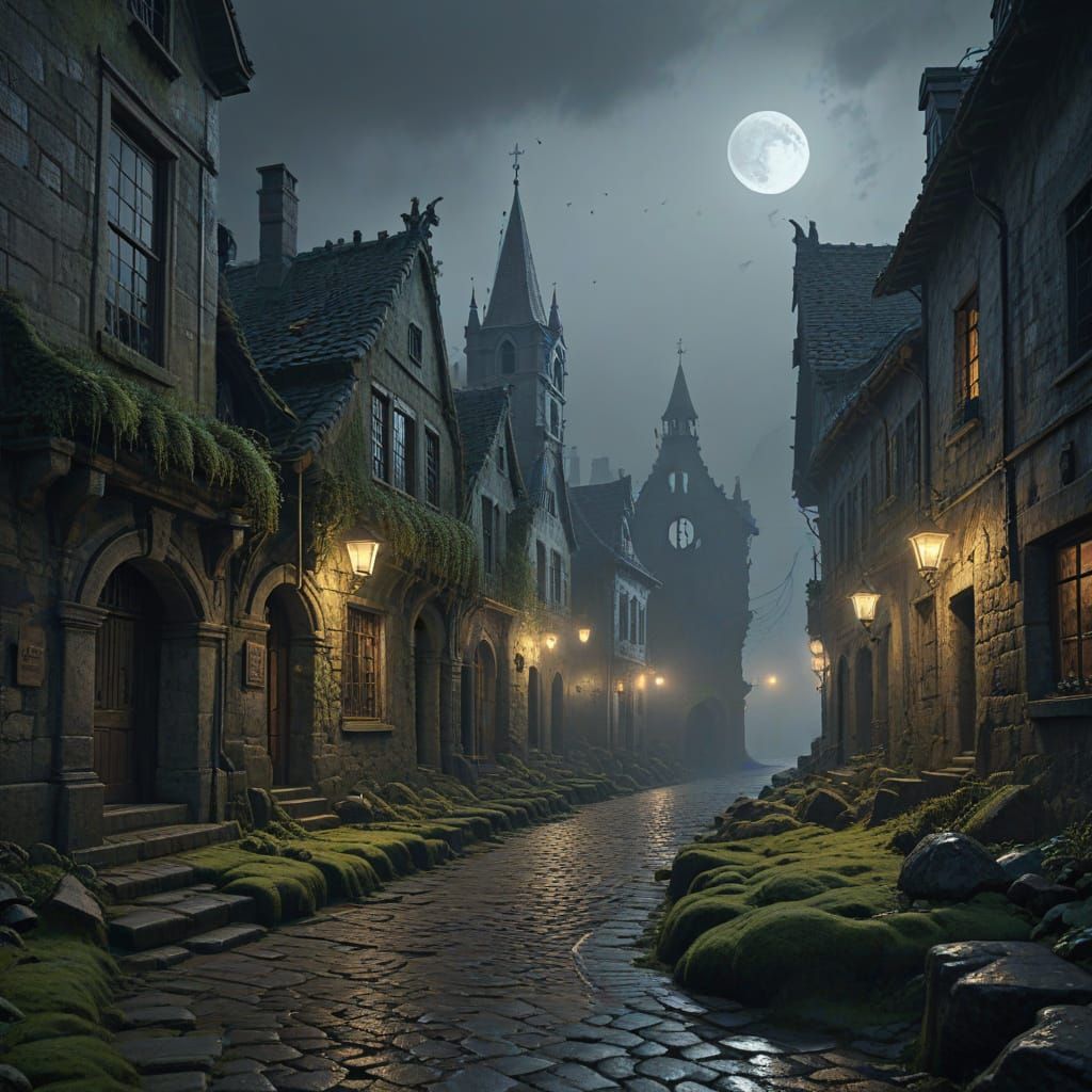 Abandoned Old Town in Eerie Moonlight