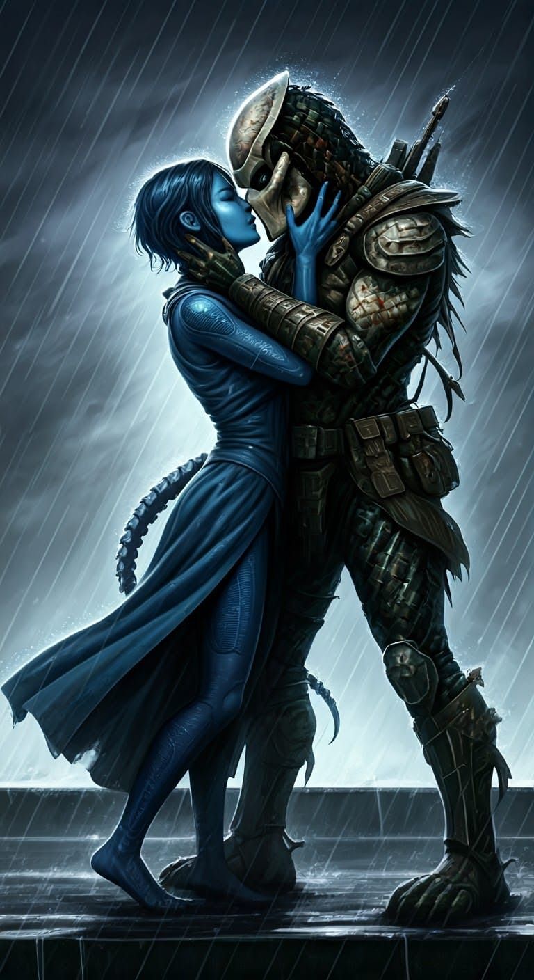 Alien and Predator Kissing on Rooftop in Graphic Novel Style