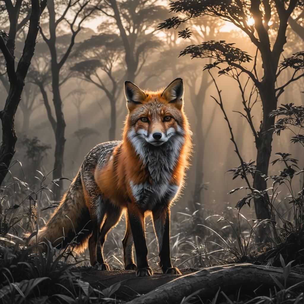 Fox Silhouette Blended with African Sunrise in Double Exposu...