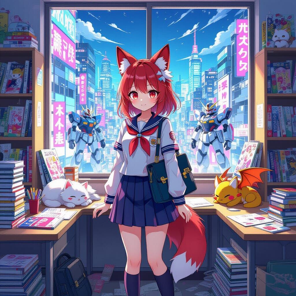 Anime Girl with Fox Ears in Futuristic Cityscape