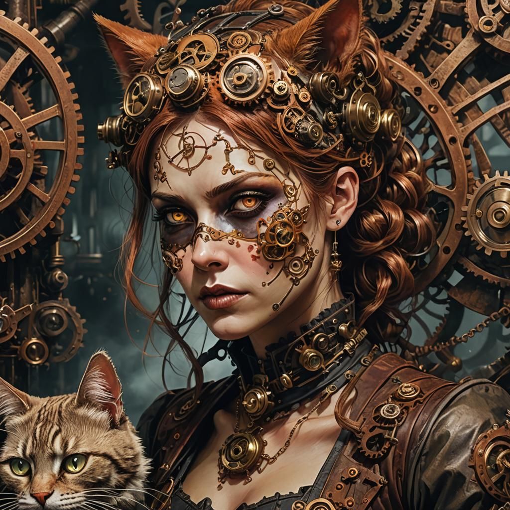 Steampunk Zombie Woman with Cat