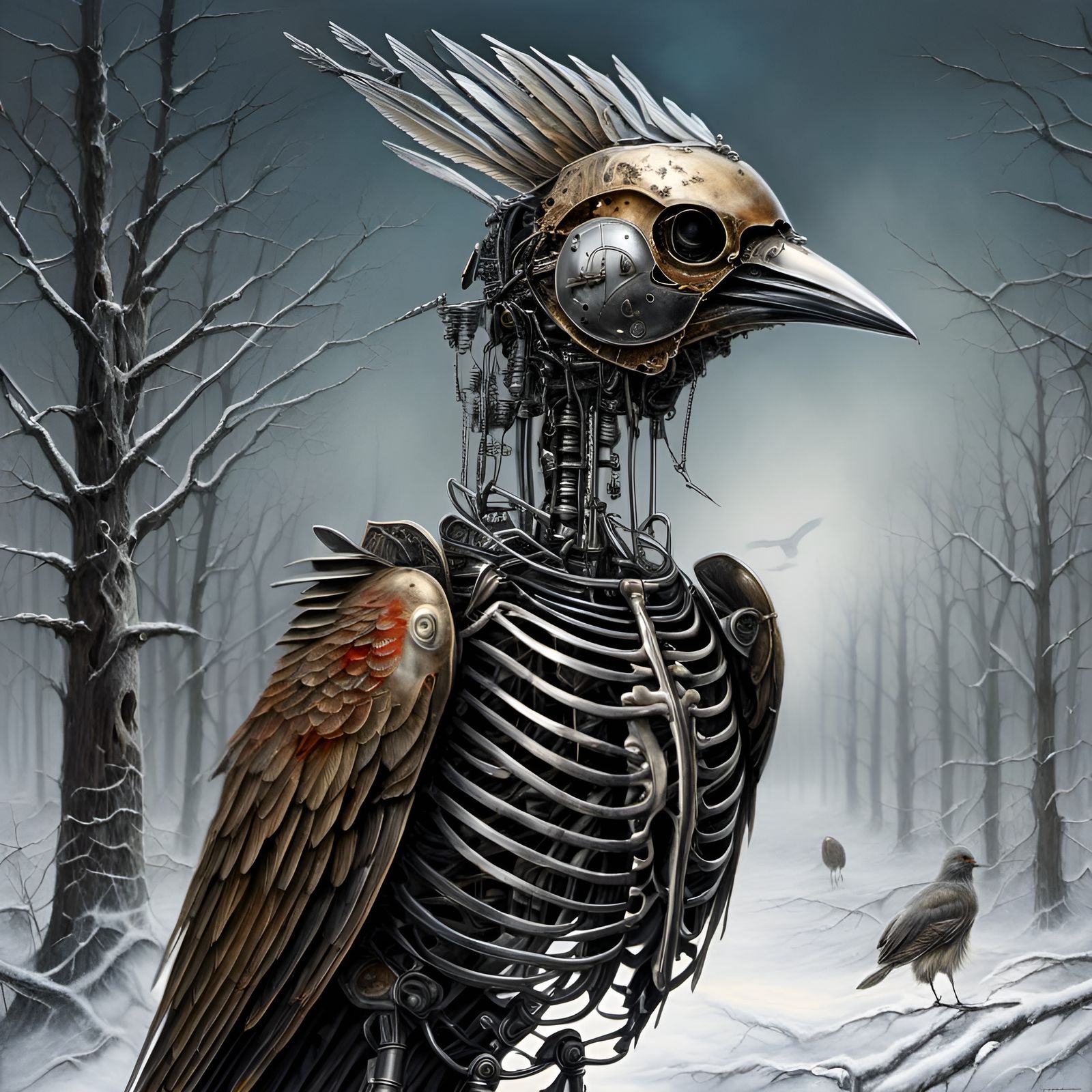Robotic Skeleton Bird on Snowy Twig in Hypermechanicalism St...