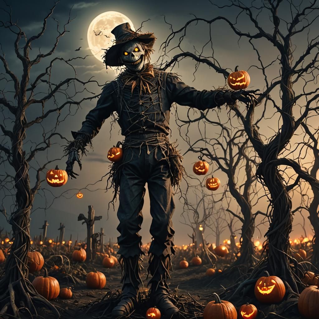 Eerie Scarecrow in Dark Fantasy Pumpkin Patch