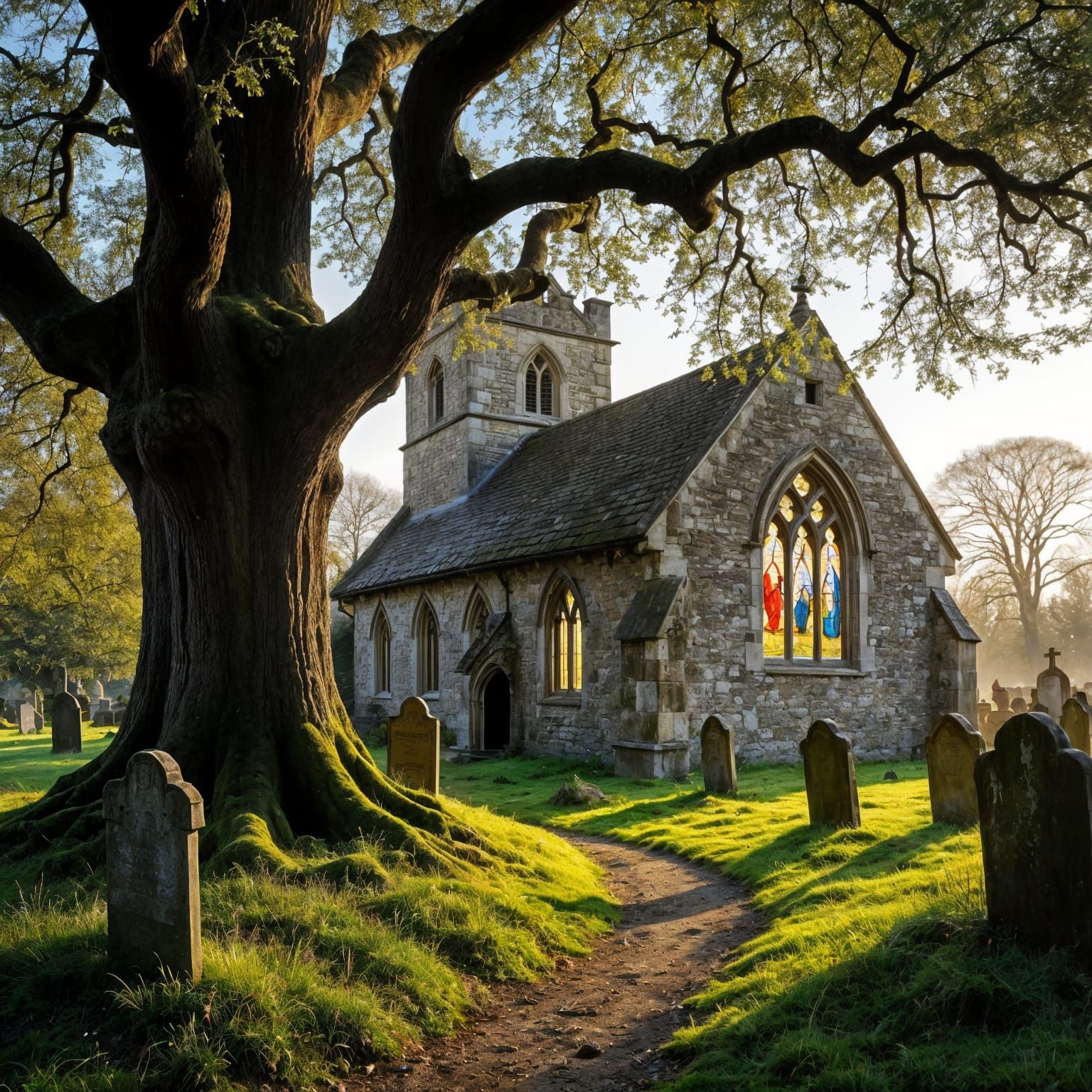 English Church in Sfumato Style at Sunset