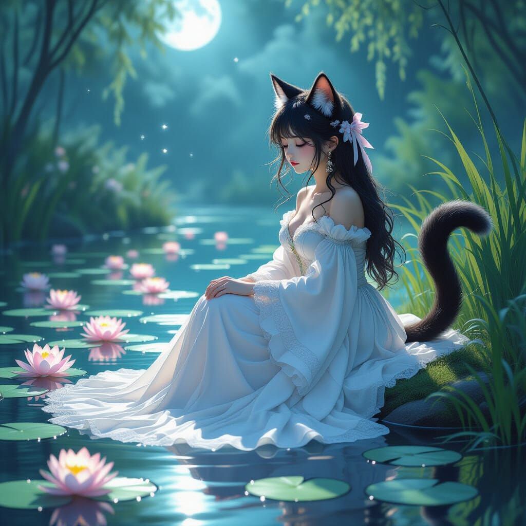 Neko Girl by Magical Pond in Pre-Raphaelite Style