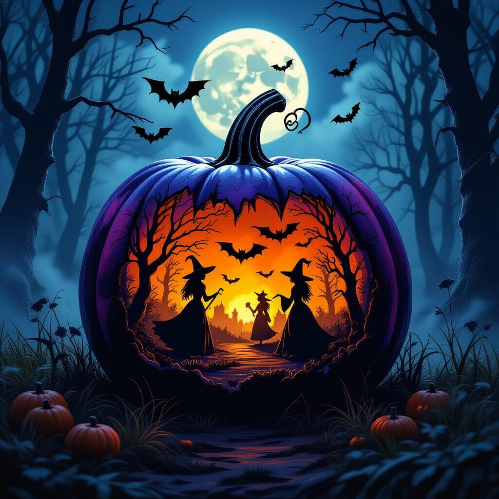 Metallic Pumpkin Scene with Witches and Bats