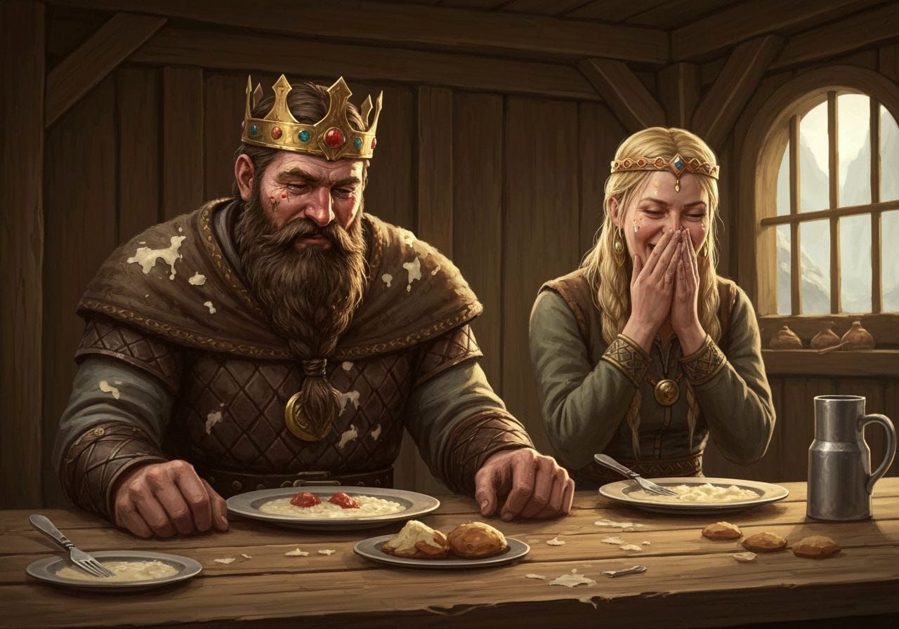 Norse King Covered in Porridge in Tavern