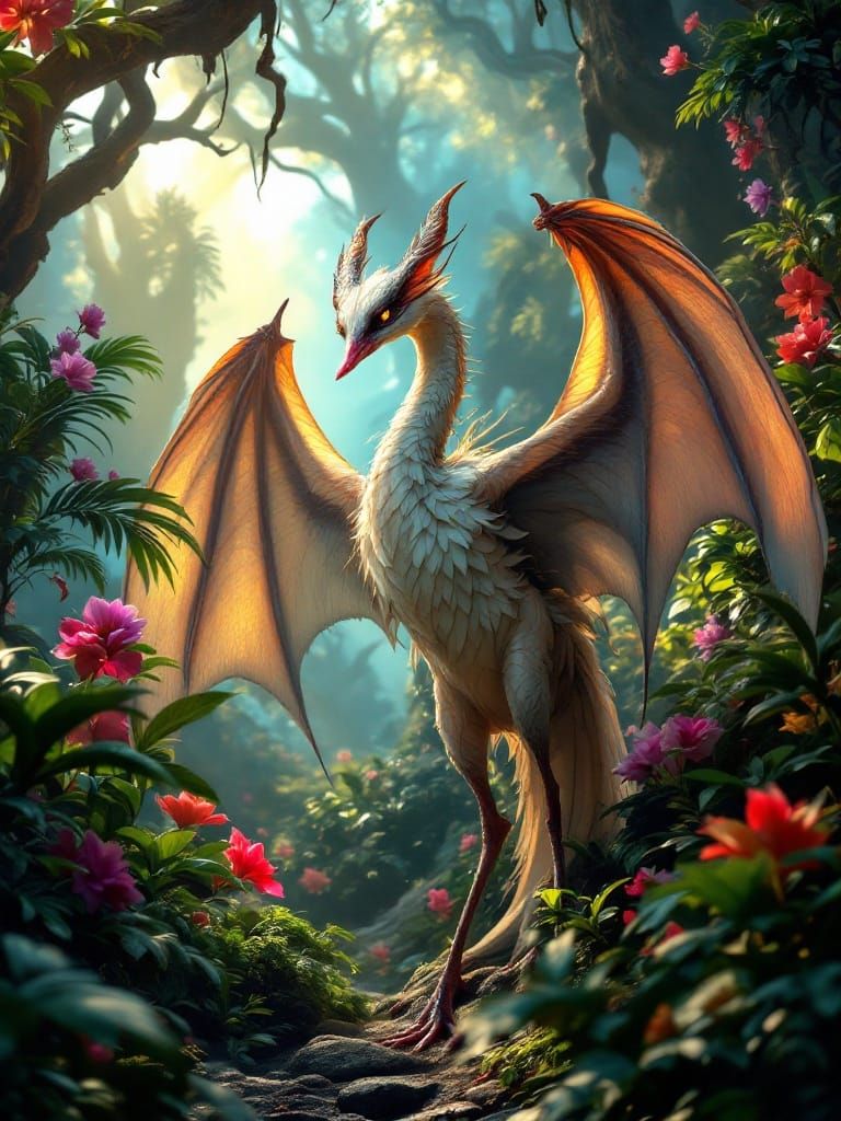 Majestic Bat-Swan Hybrid in Tropical Jungle