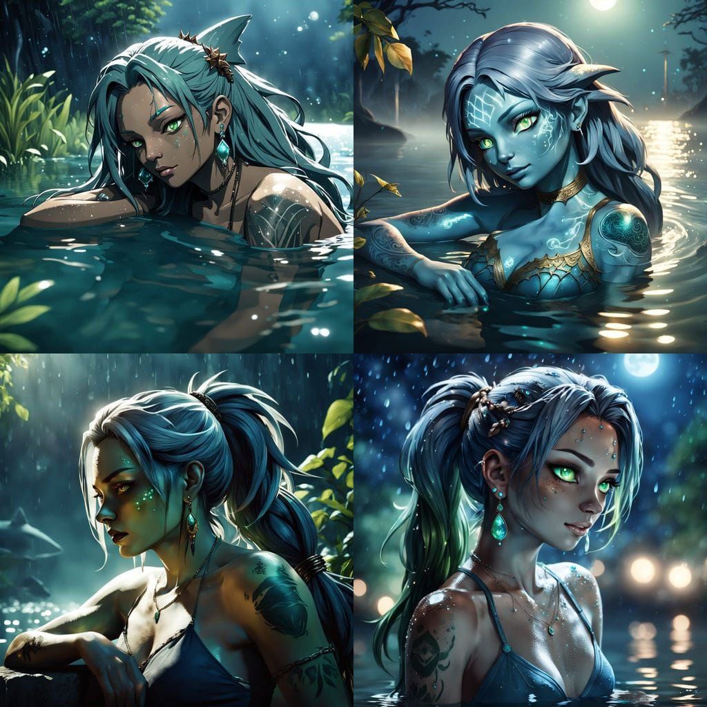 Anthropomorphic Shark Woman Under Moonlight