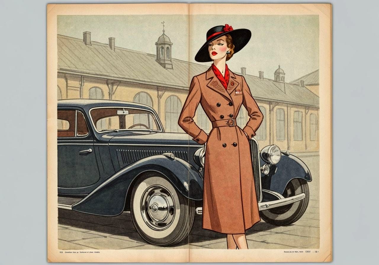 1940s Fashion Illustration: Elegant Woman & Classic Car