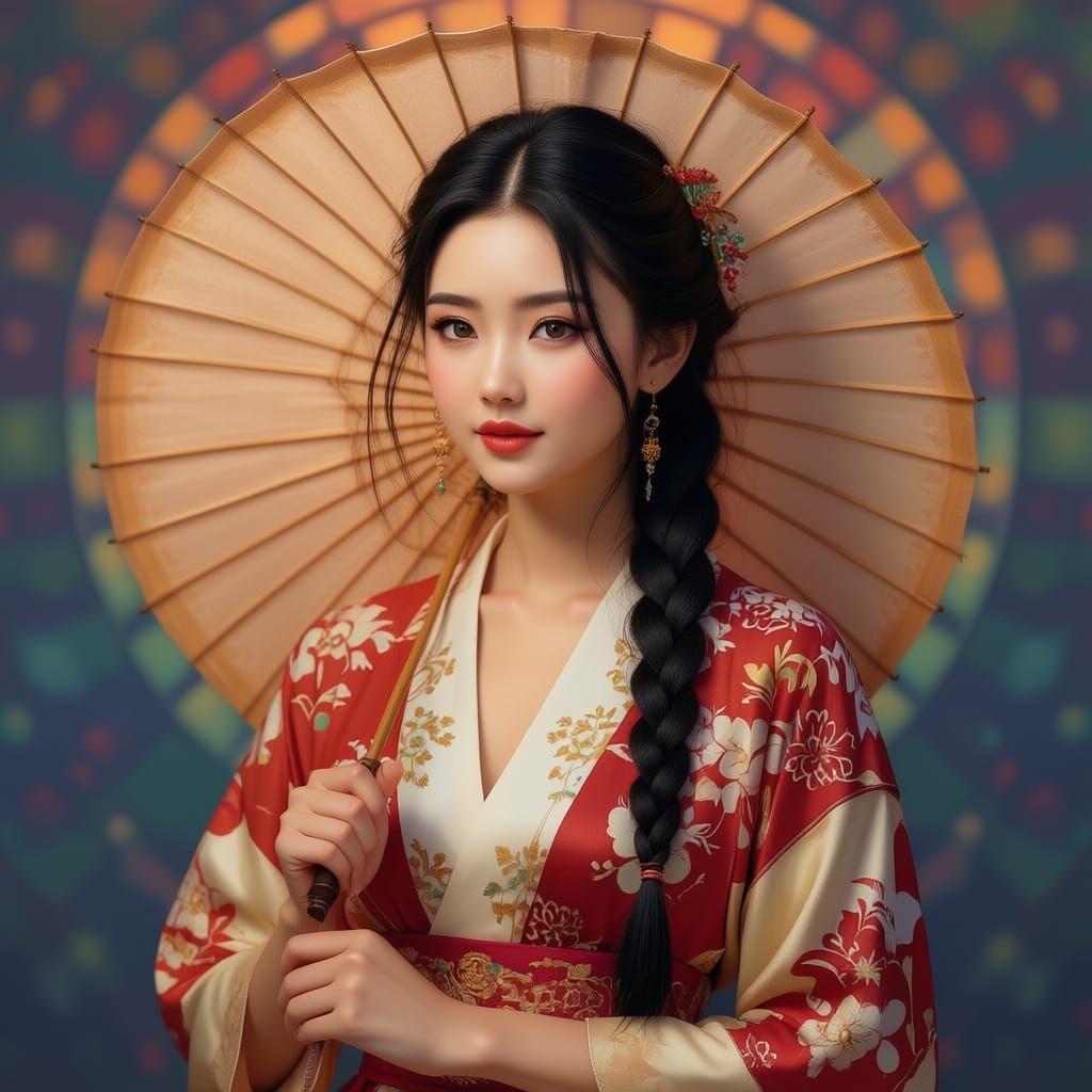 Beautiful Chinese Woman With Vibrant Colorful Background