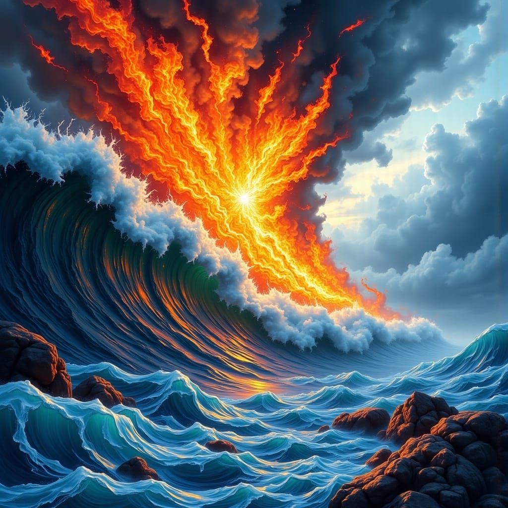 Clash of Fire and Ice in Surreal Landscape