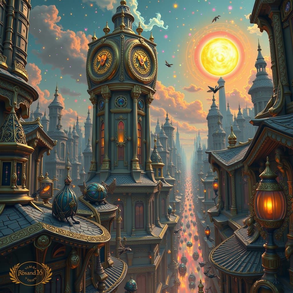 Steampunk Cityscape with Clockwork Mechanisms under Rainbow ...