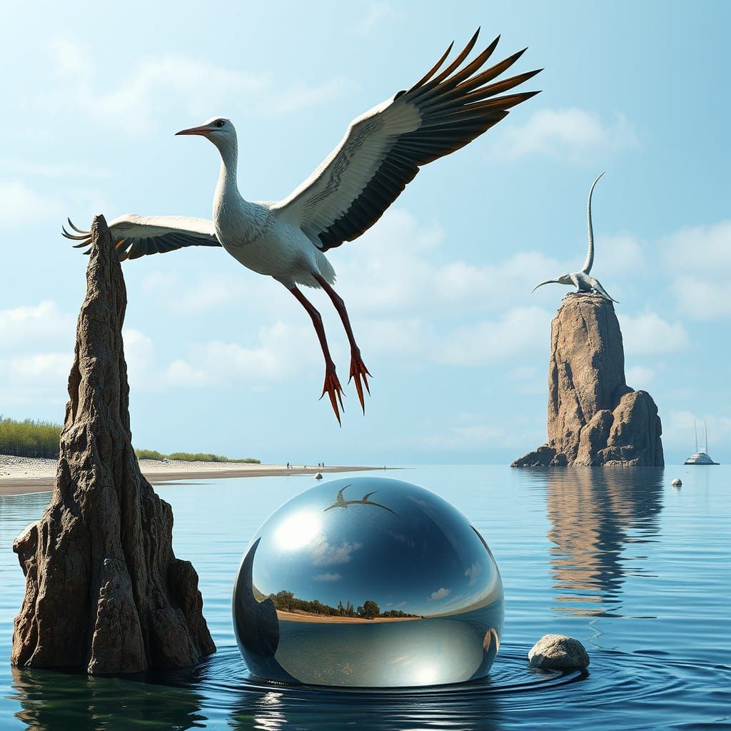 Surreal Bird Gliding Above Silver Sphere