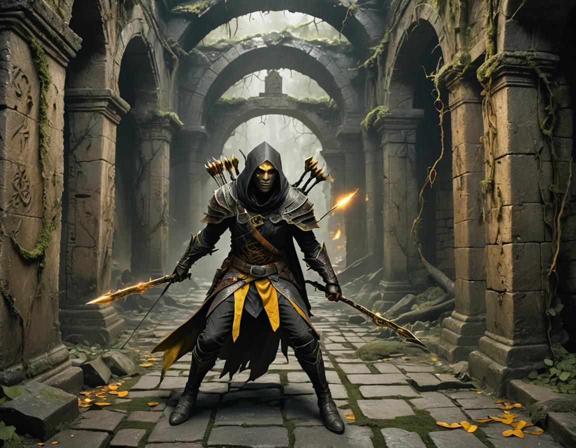 Dark Elf Archer in Collapsed Ruins, Hyperdetailed Art