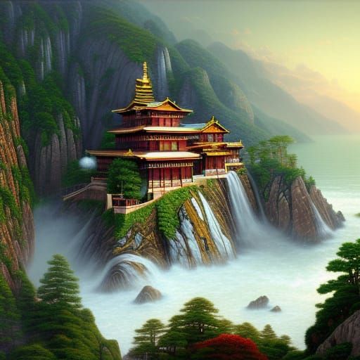 Cliffside Buddhist Temple in Hyperrealistic Style
