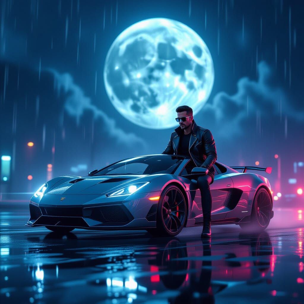 Sportscar Ride in Rainy Neon Night, Futuristic Style