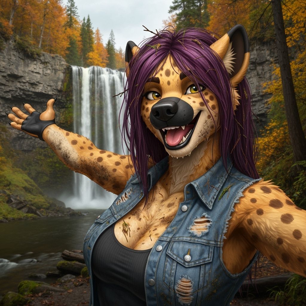 Anthropomorphic She-Hyena Poses by Autumn Waterfalls