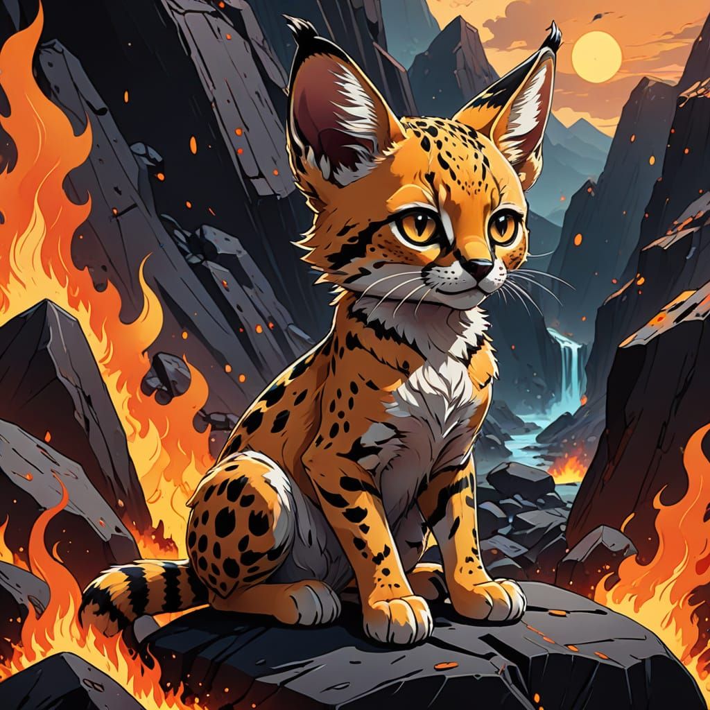 Vibrant Chibi Magma Serval Ignites the Volcano
